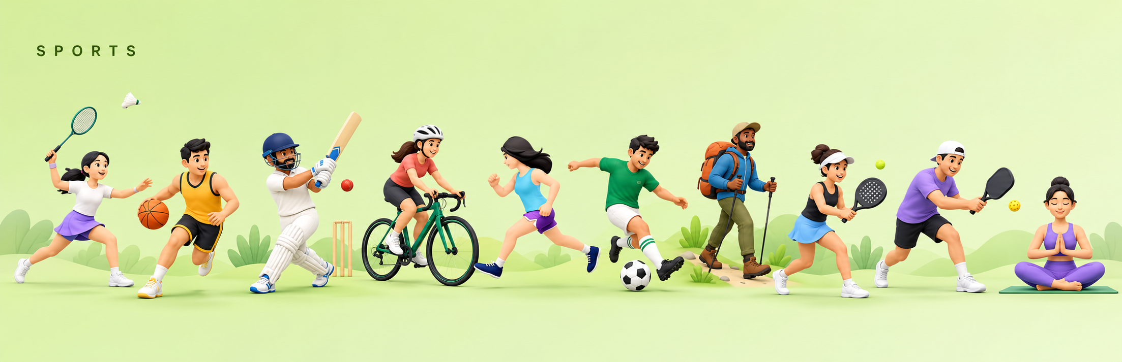 Illustrated players doing ten sports: badminton, basketball, cricket, cycling, running, football, hiking, padel, pickleball and yoga